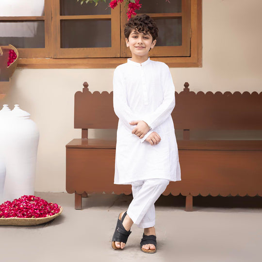 Boys Cotton Kurta Pajama (Chicken Kari) - White