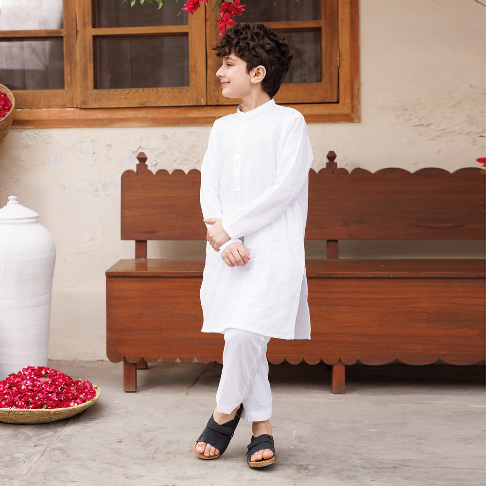 Boys Cotton Kurta Pajama (Chicken Kari) - White