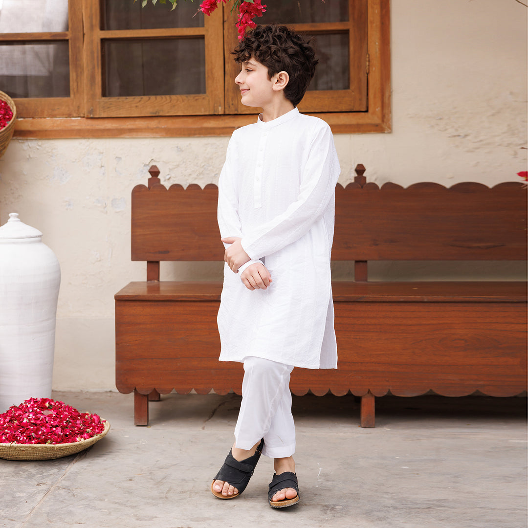 Boys Cotton Kurta Pajama (Chicken Kari) - White