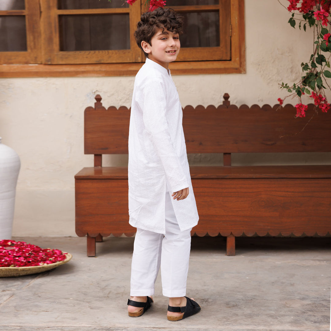 Boys Cotton Kurta Pajama (Chicken Kari) - White