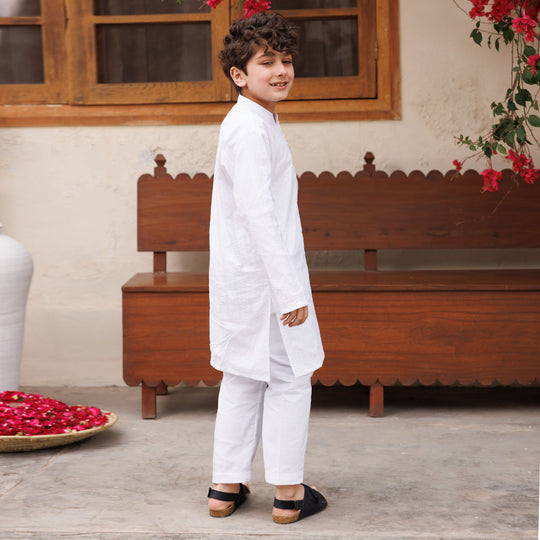 Boys Cotton Kurta Pajama (Chicken Kari) - White