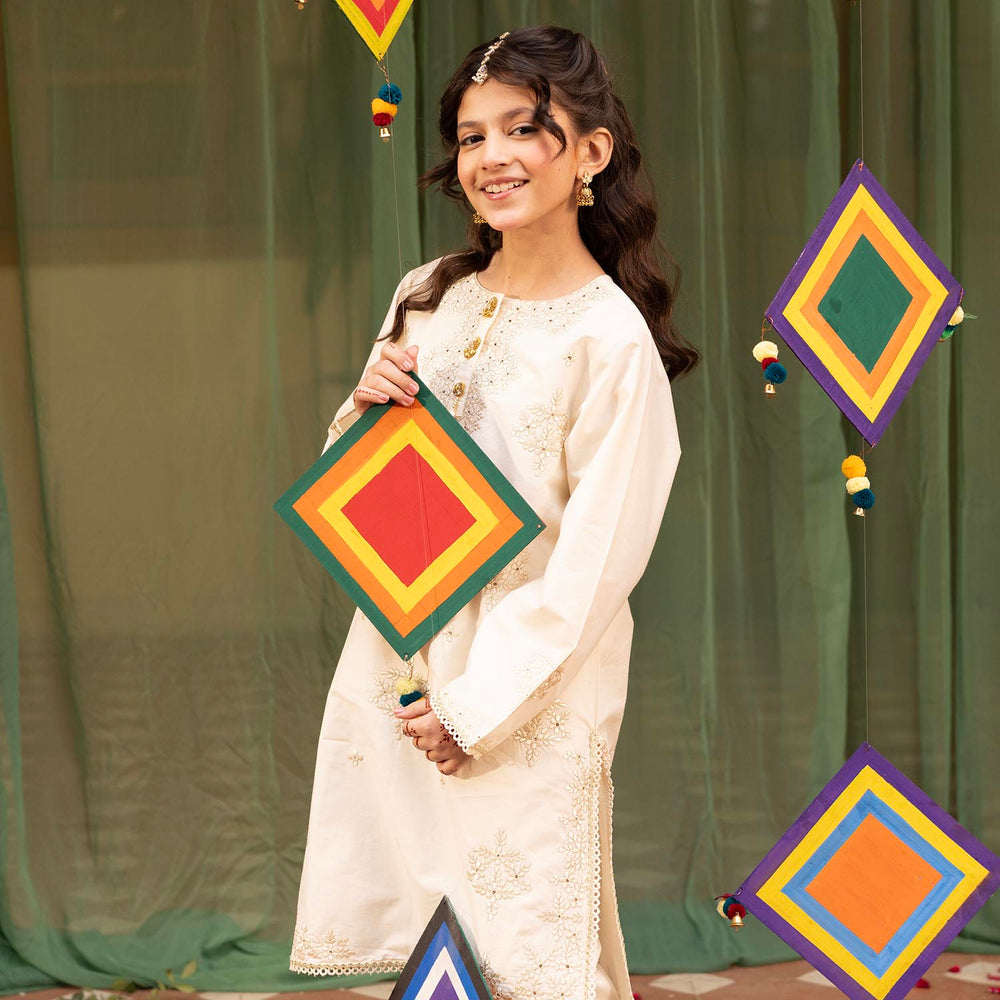 Girls Cotton Embroidered 2Pcs Set (Rabab) - Off White