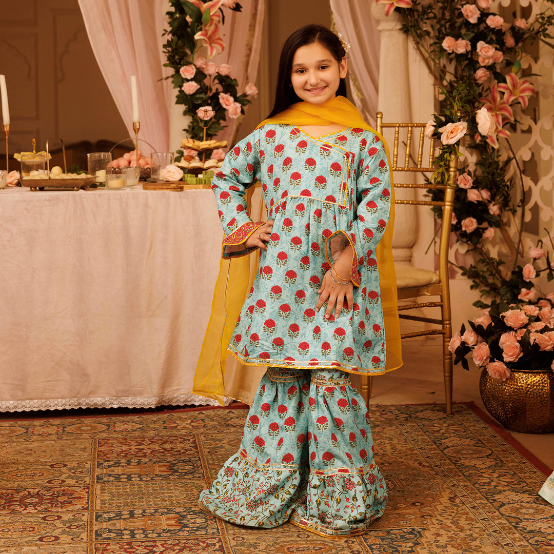 Girls Raw Silk 3 Pcs  Suit Rani-LT. Blue