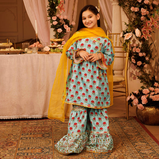 Girls Raw Silk 3 Pcs  Suit Rani-LT. Blue