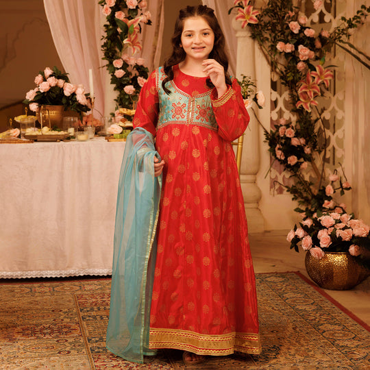 Girls Poly Satin 2Pcs Suit-Red