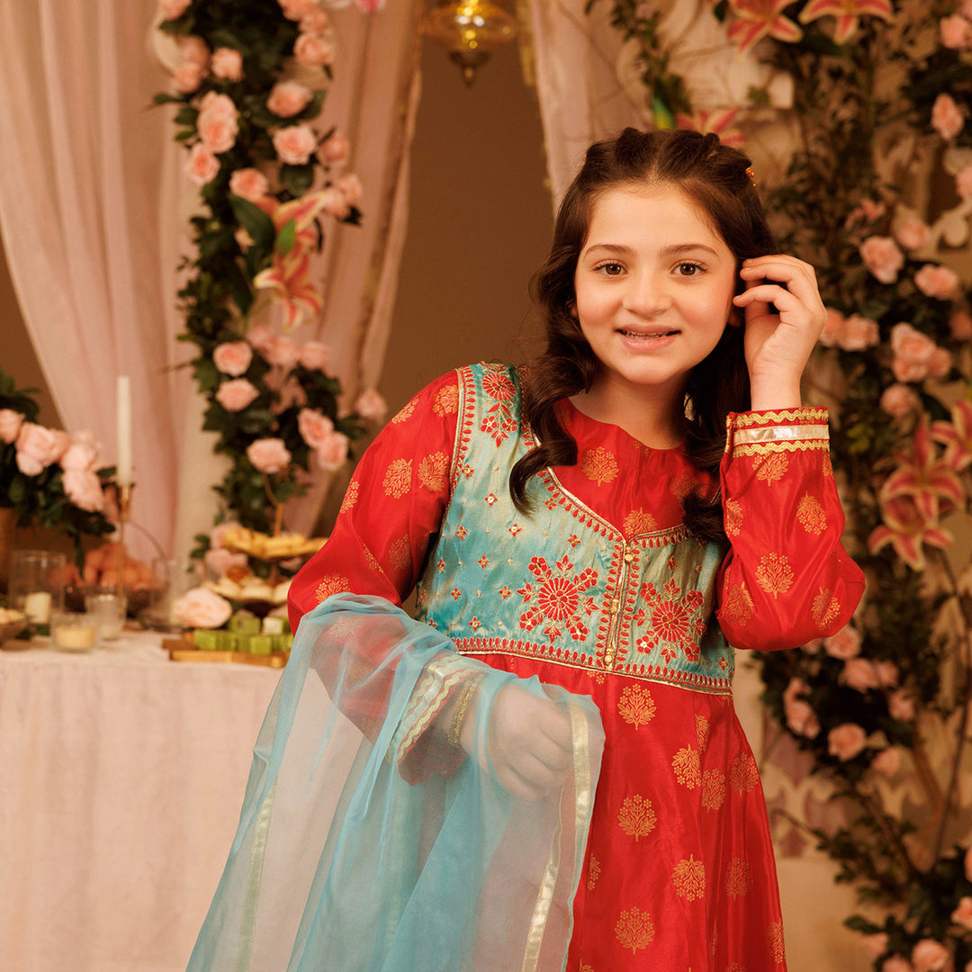 Girls Poly Satin 2Pcs Suit-Red
