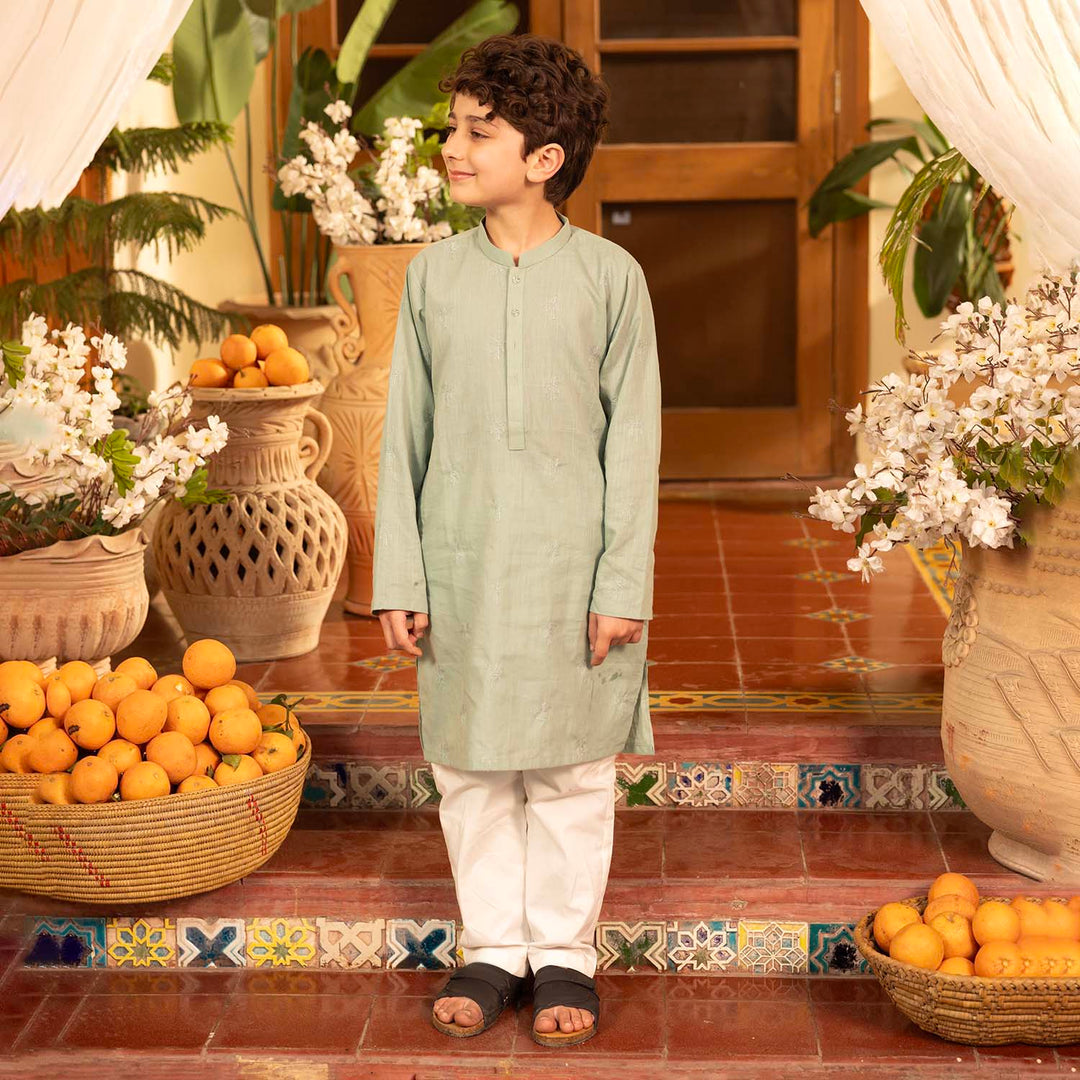 Boys Cotton Slub Embroidered Kurta (Palm Tree) - Light Green