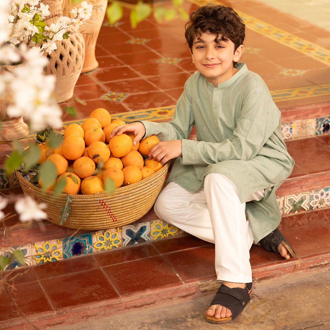 Boys Cotton Slub Embroidered Kurta (Palm Tree) - Light Green