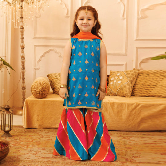 Girls Raw Silk Sleeve Less 3Pcs Bahaar - Blue