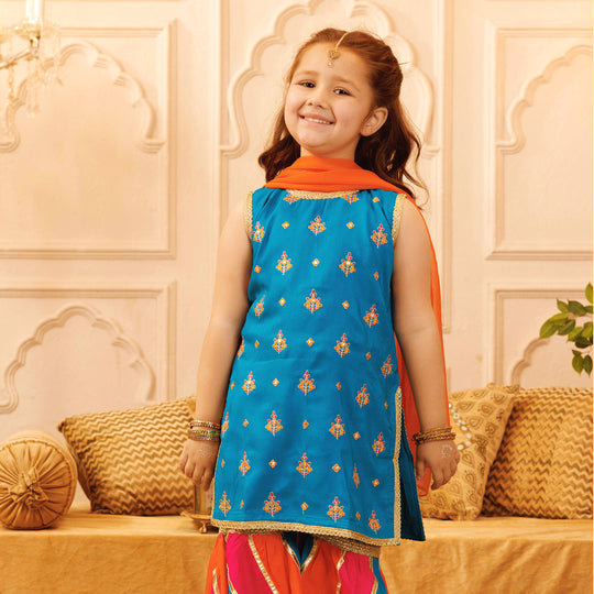 Girls Raw Silk Sleeve Less 3Pcs Bahaar - Blue