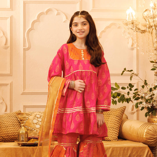 Girls Raw Silk 3PCs Suit Rang Snapshot | Pink