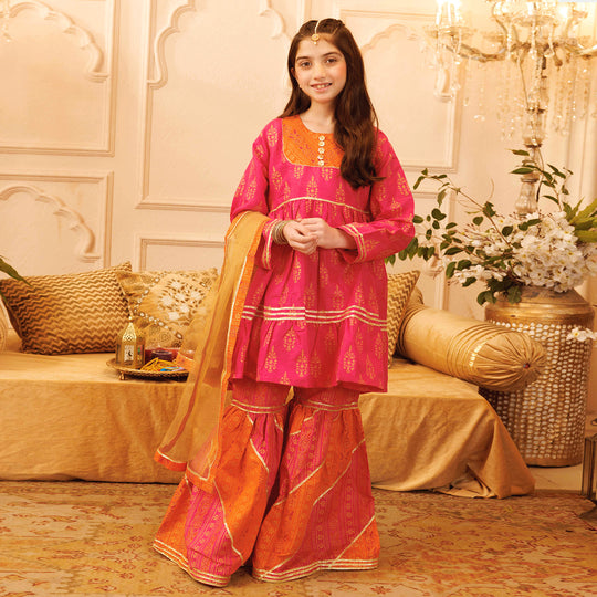 Girls Raw Silk 3PCs Suit Rang Snapshot | Pink