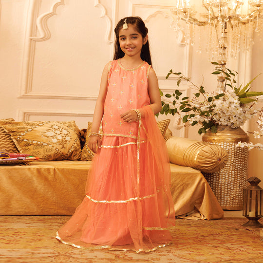 Girls Raw Silk Sleeve Less 3Pcs Suit Mena | Peach