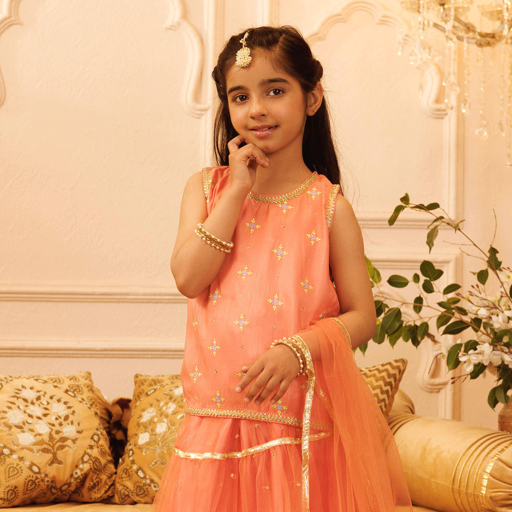 Girls Raw Silk Sleeve Less 3Pcs Suit Mena | Peach