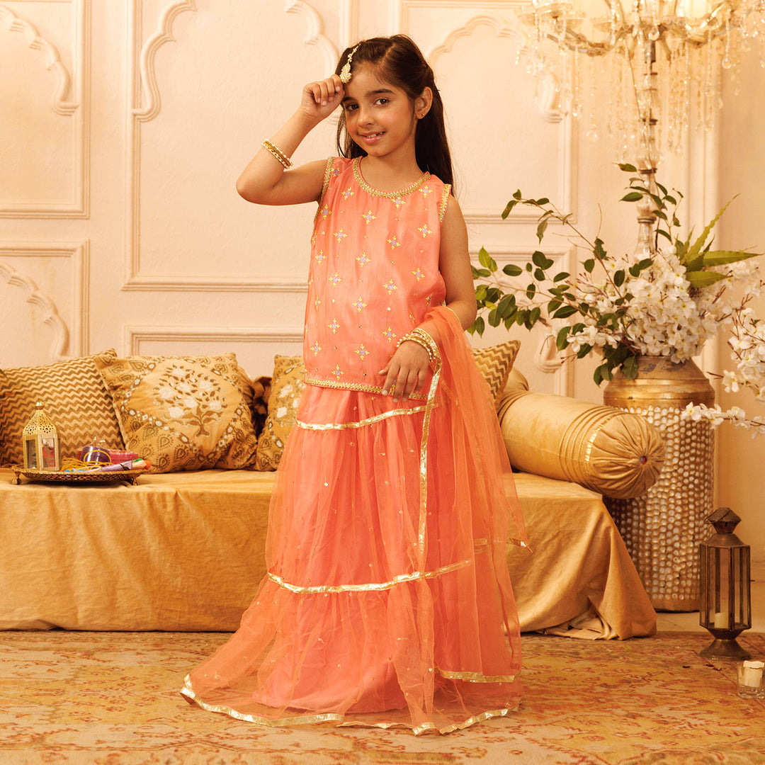 Girls Raw Silk Sleeve Less 3Pcs Suit Mena | Peach