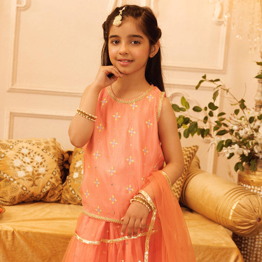 Girls Raw Silk Sleeve Less 3Pcs Suit Mena | Peach