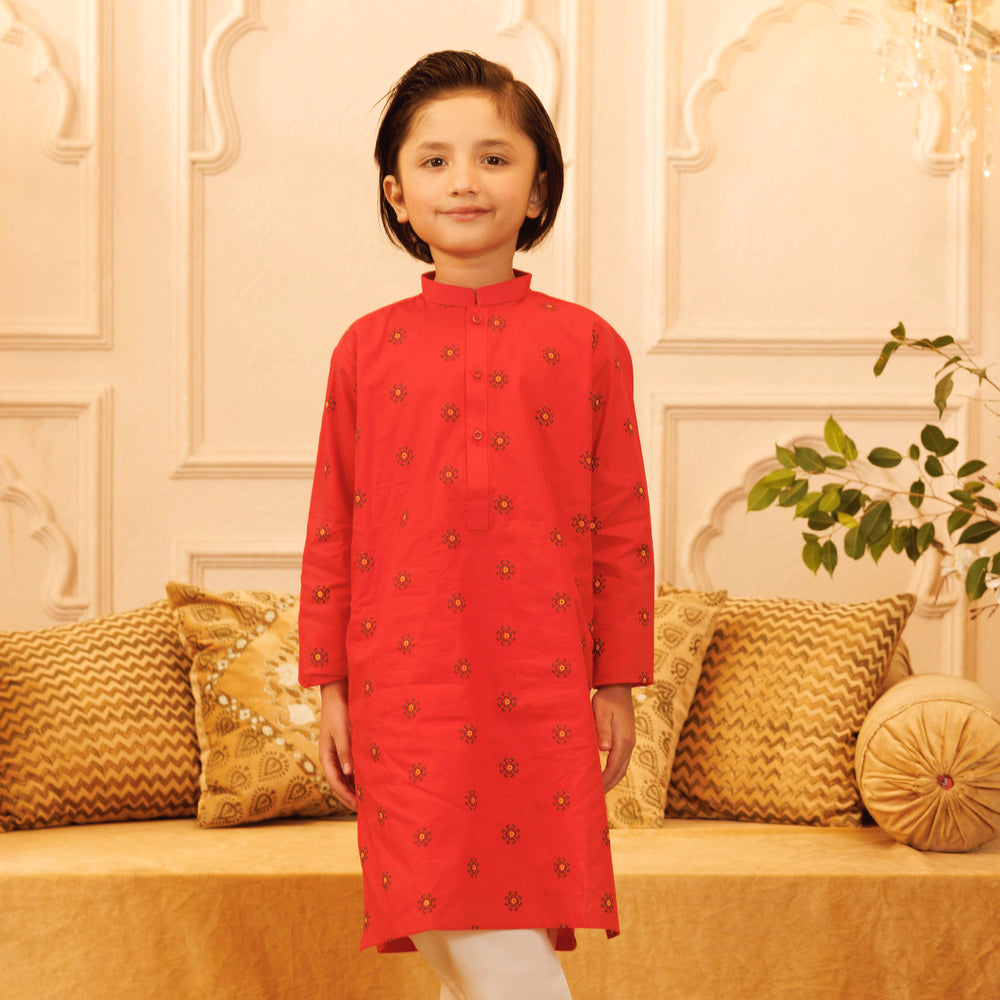 Boys Cotton Poplin Printed Kurta (Puff Motif)-Red