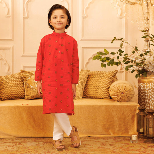 Boys Cotton Poplin Printed Kurta (Puff Motif)-Red