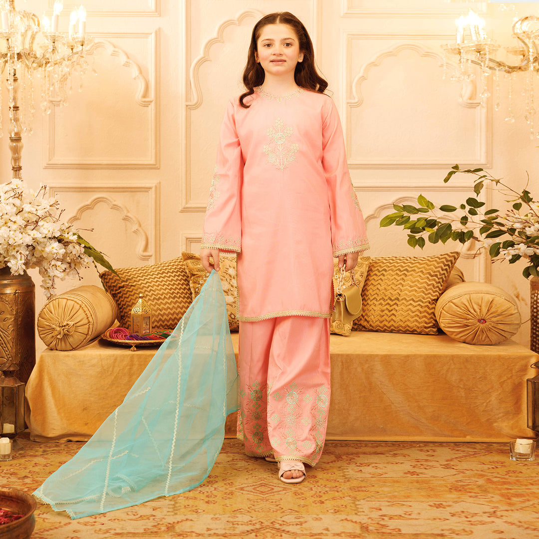 Girls Raw Silk 3PCs Suit Noor Jahan-Pink