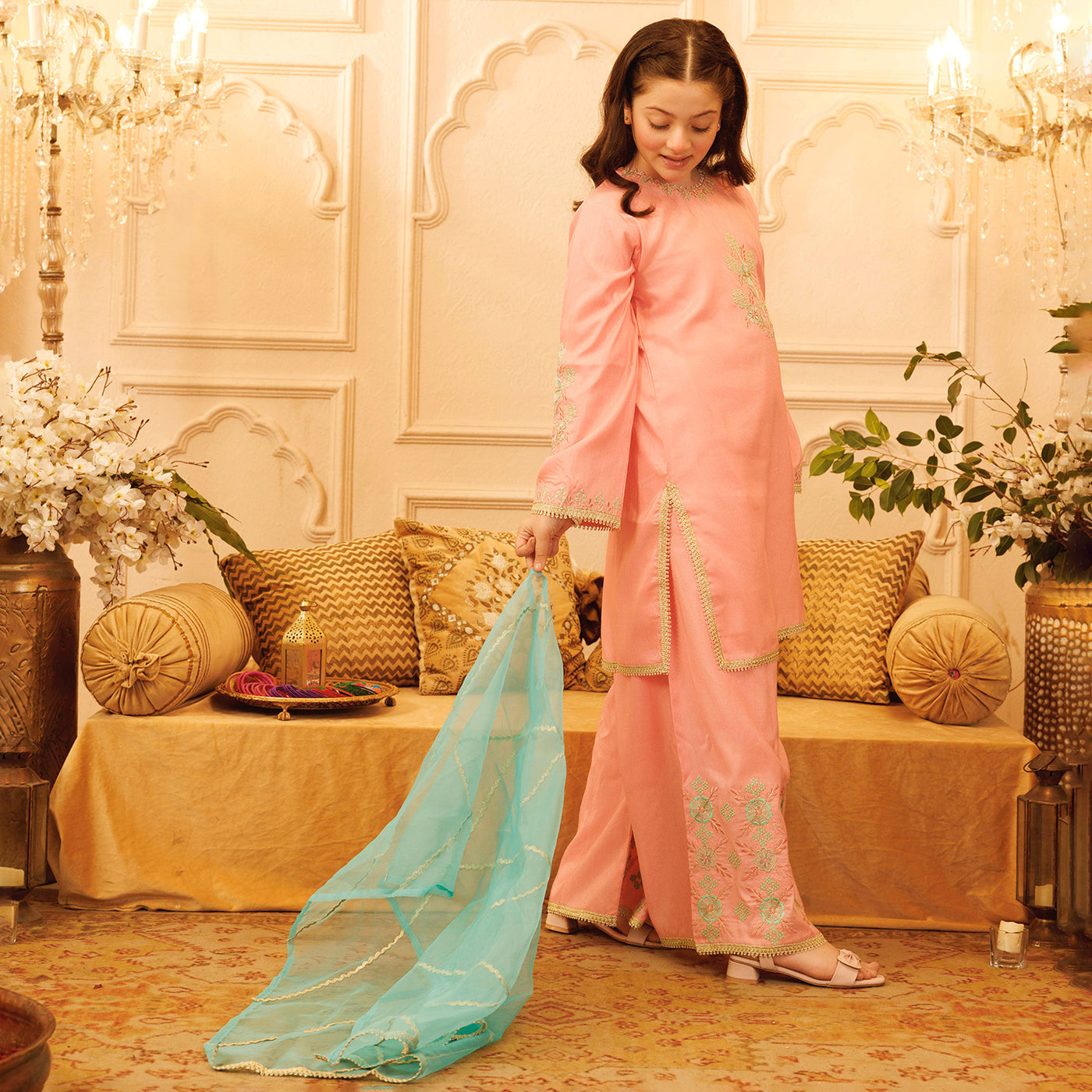 Girls Raw Silk 3PCs Suit Noor Jahan-Pink