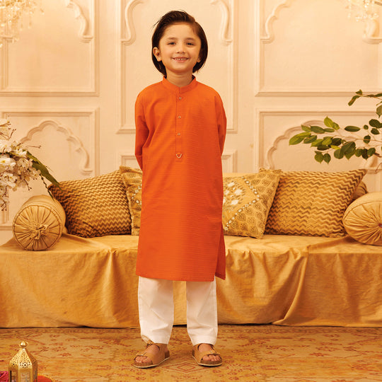 Boys Jacquard Kurta (Metal Loop) - Orange