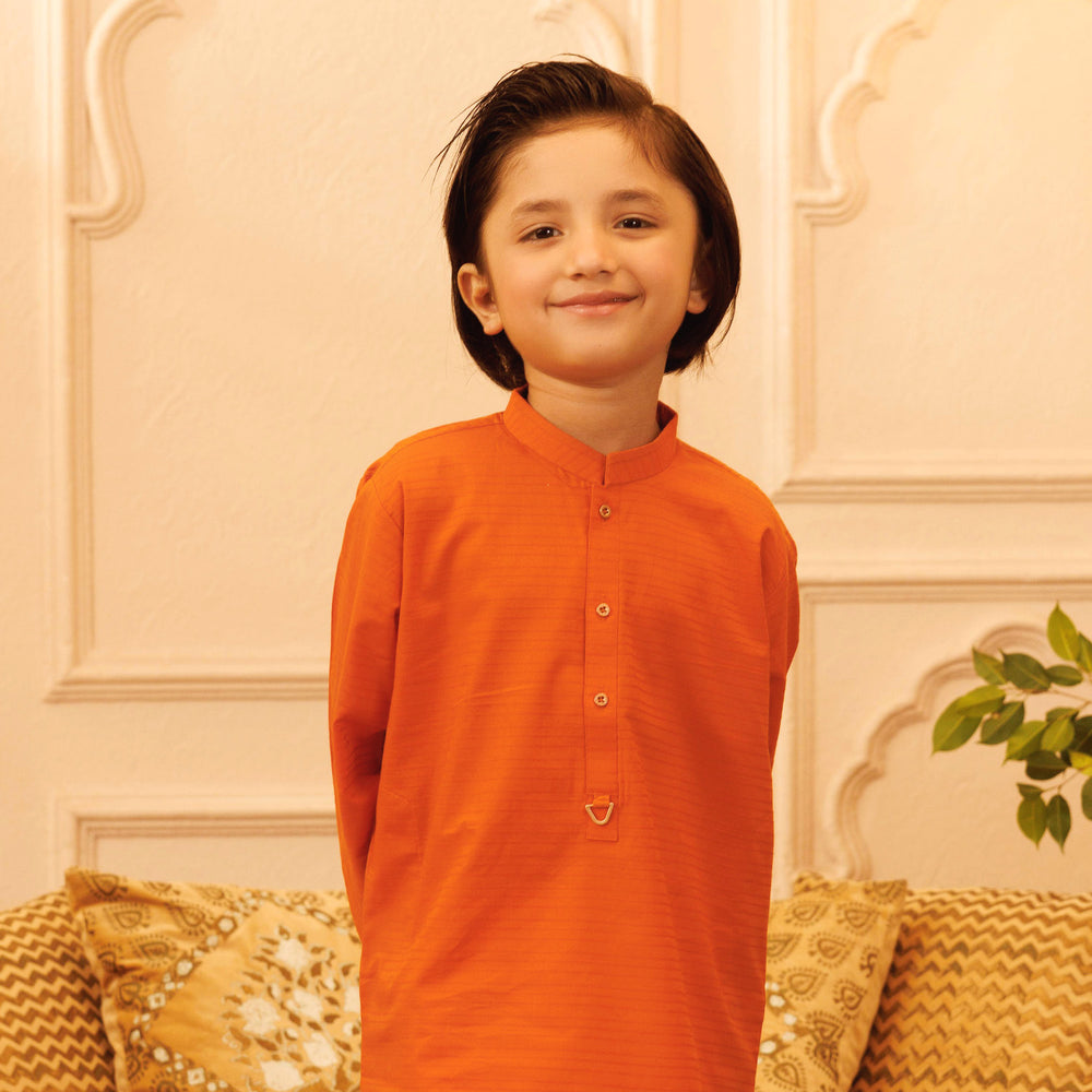 Boys Jacquard Kurta (Metal Loop) - Orange