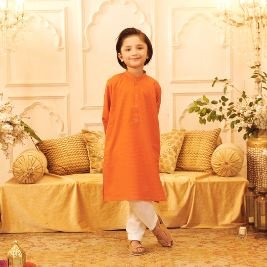 Boys Jacquard Kurta (Metal Loop) - Orange