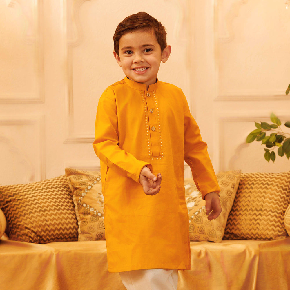 Boys Cotton Poplin Printed Kurta (I. Motif)-Mustard