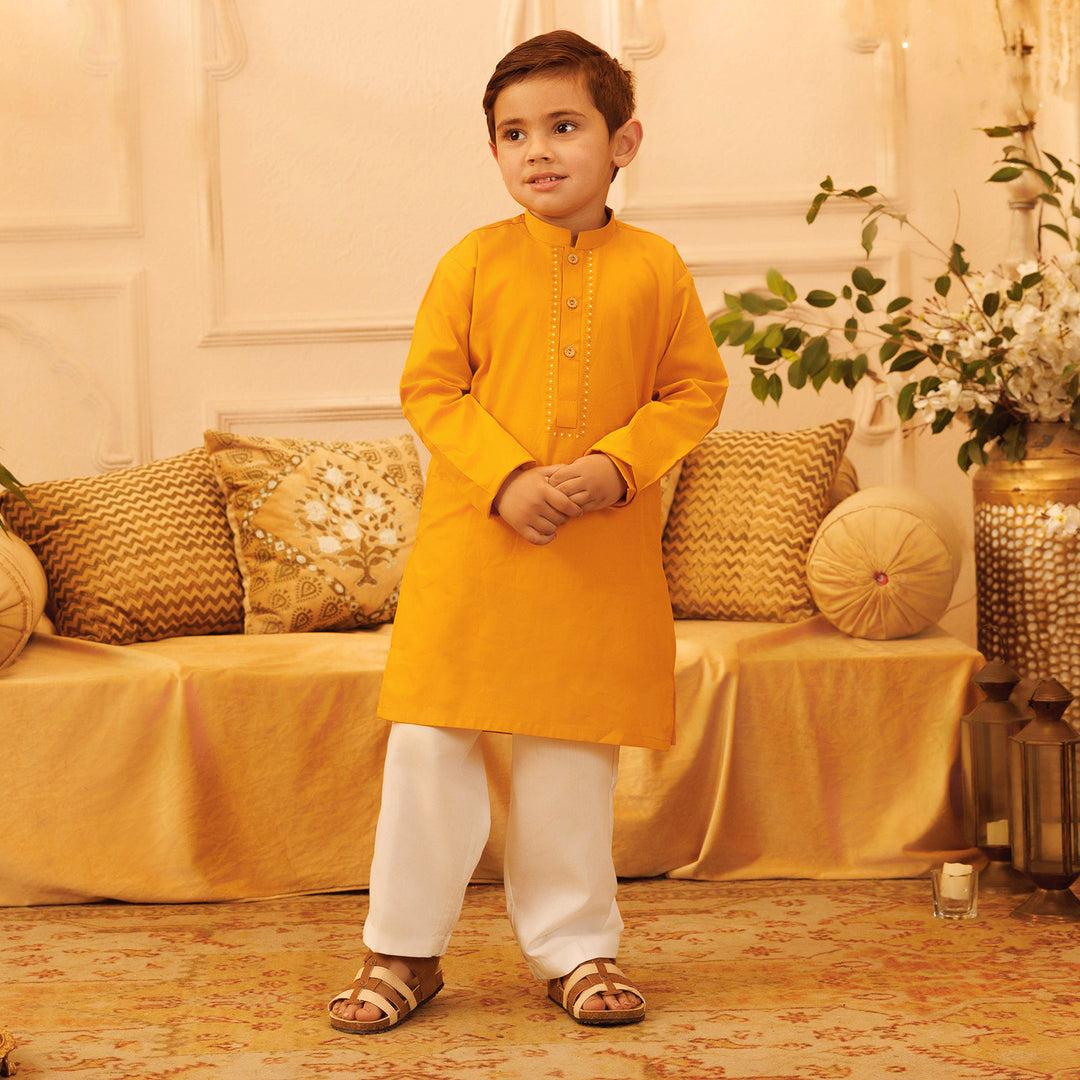 Boys Cotton Poplin Printed Kurta (I. Motif)-Mustard