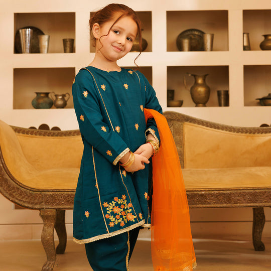 Girls Raw Silk 3PCs Suit Umang-Teal Blue