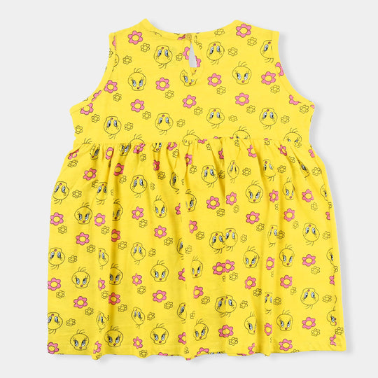 Infant Girls Cotton Terry Knitted Frock Printed -Yellow