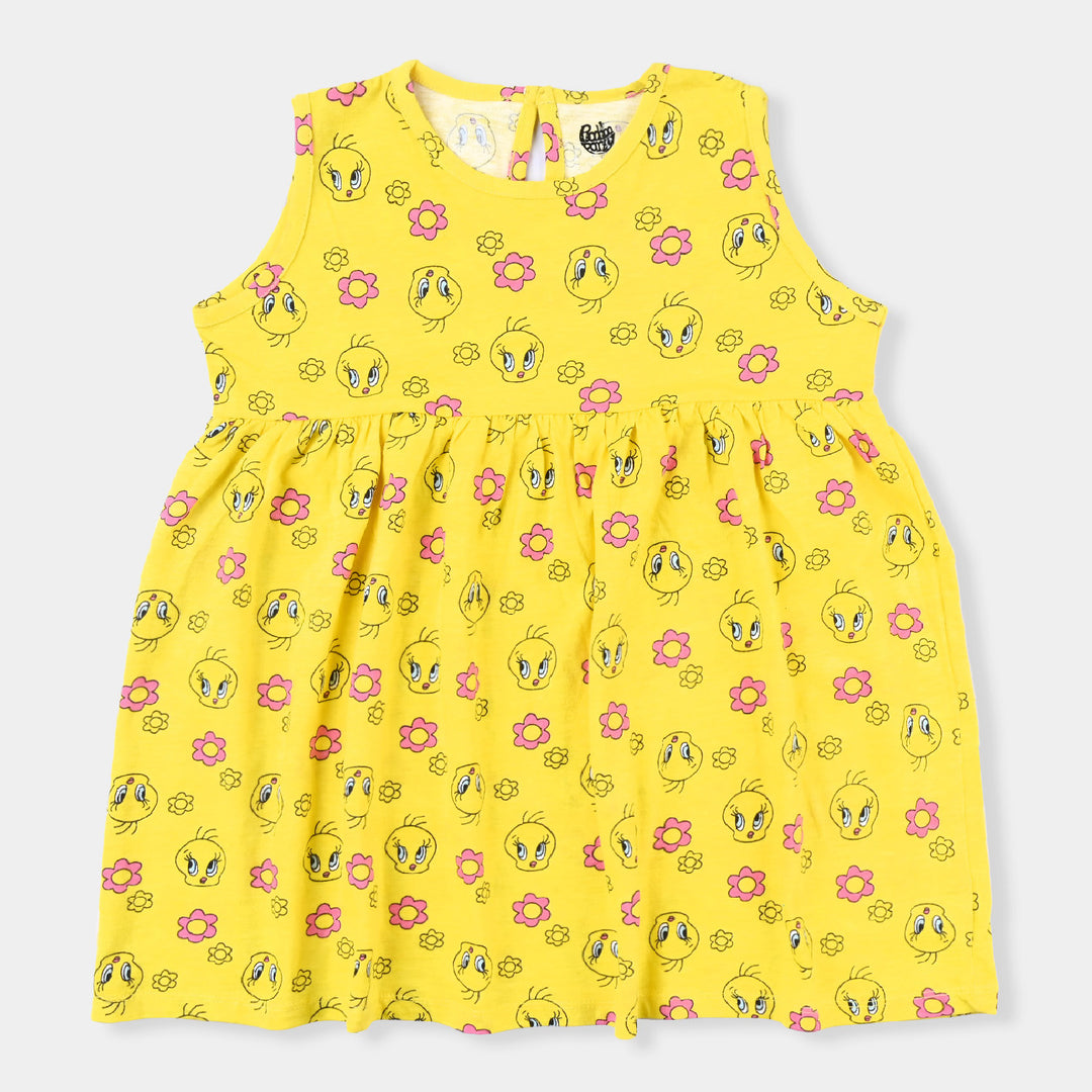 Infant Girls Cotton Terry Knitted Frock Printed -Yellow