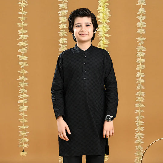 Boys Cotton Chicken Kurta-BLACK