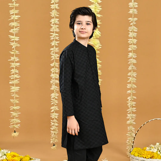 Boys Cotton Chicken Kurta-BLACK