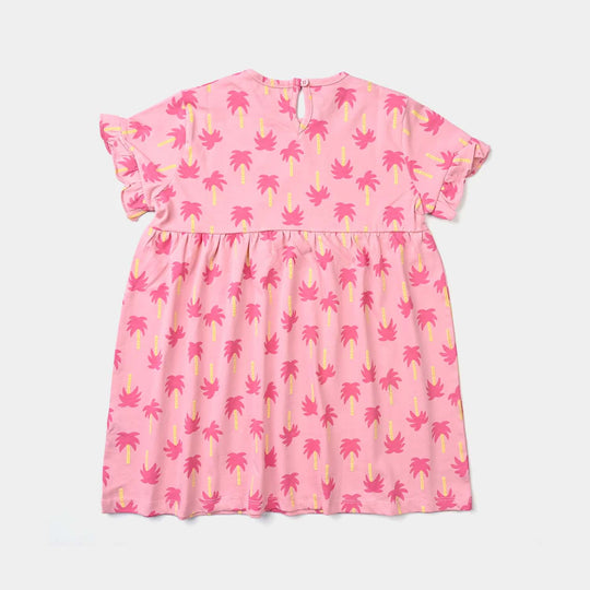 Girls Cotton Jersey Knitted Frock Palm Trees-Candy Pink