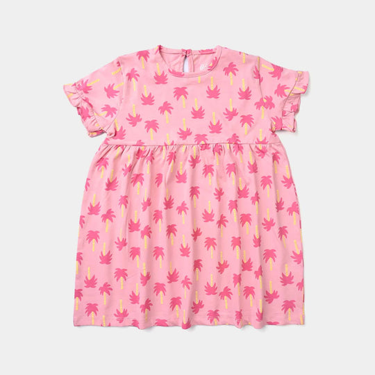 Girls Cotton Jersey Knitted Frock Palm Trees-Candy Pink