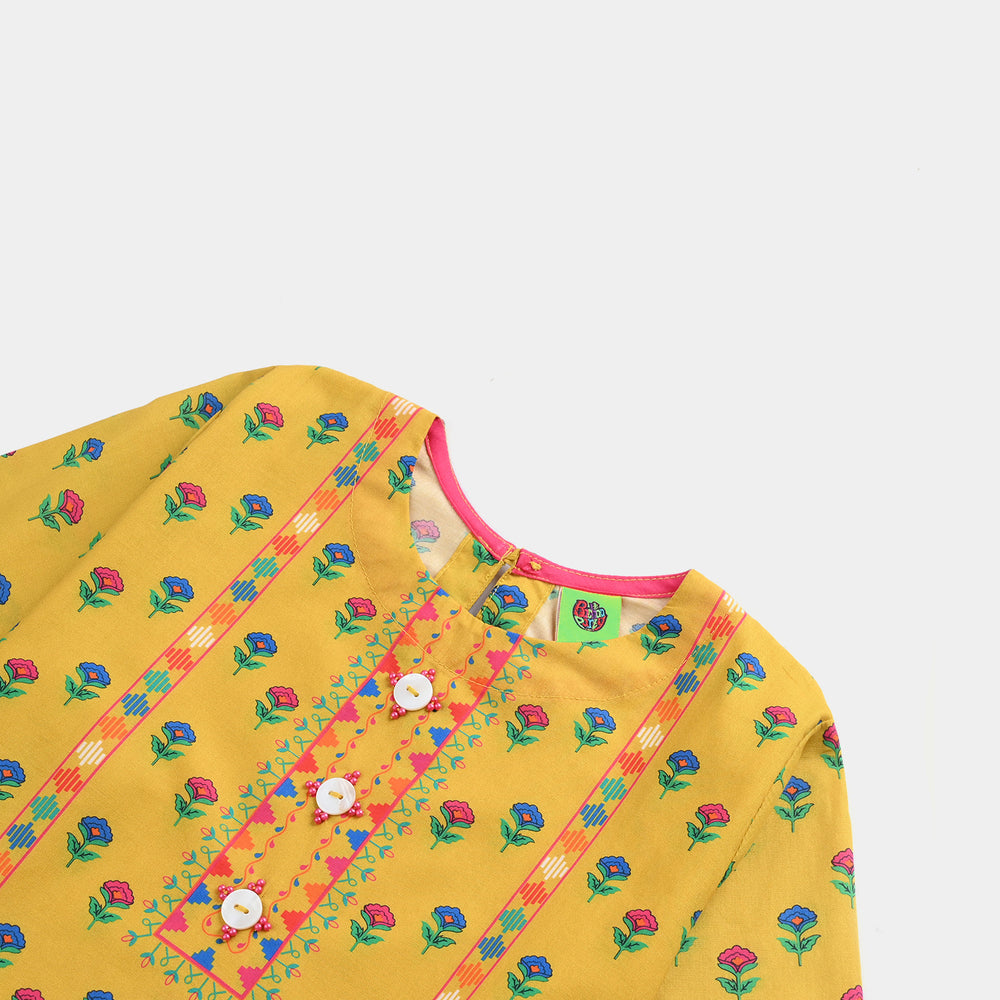 Infant Girls Cotton Poplin Printed Kurti Ocher-Mustard