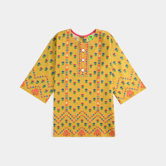 Infant Girls Cotton Poplin Printed Kurti Ocher-Mustard