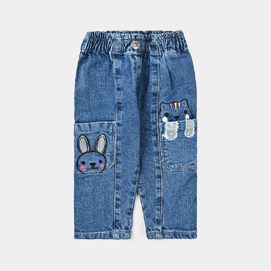 Infant Girls Denim Stretch Pant Pocket Full Of Bear-Mid Blue