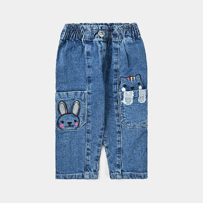 Infant Girls Denim Stretch Pant Pocket Full Of Bear-Mid Blue