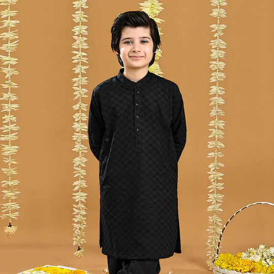 Boys Cotton Chicken Kurta-BLACK