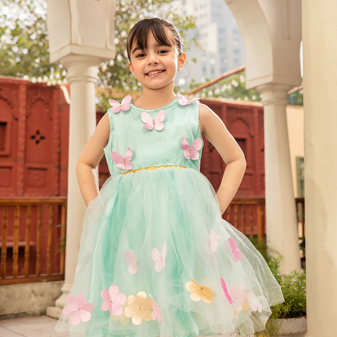 Girls Fancy Frock Pretty Flower-Sea Green