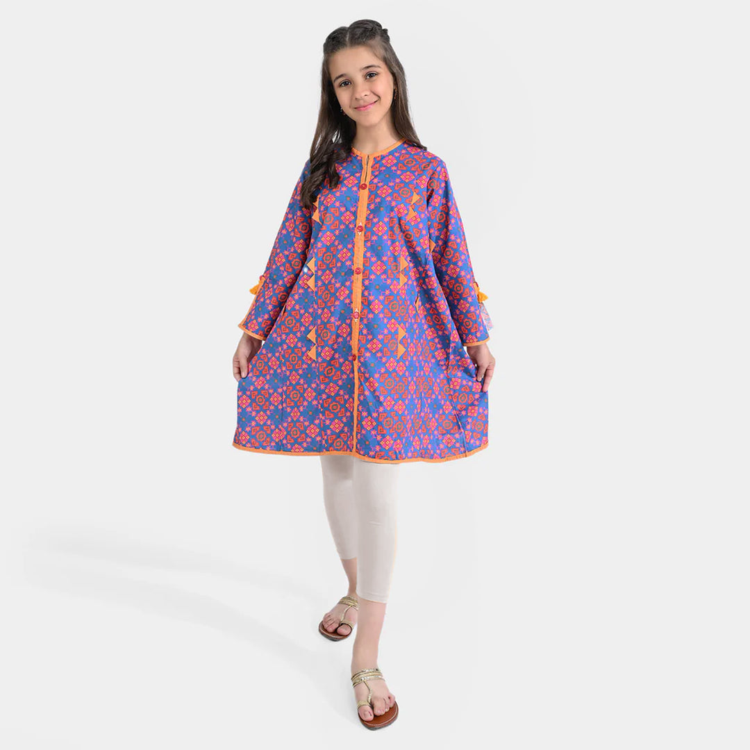 Girls Cotton Poplin Printed Kurti Rang Bahar-BLUE/Orange