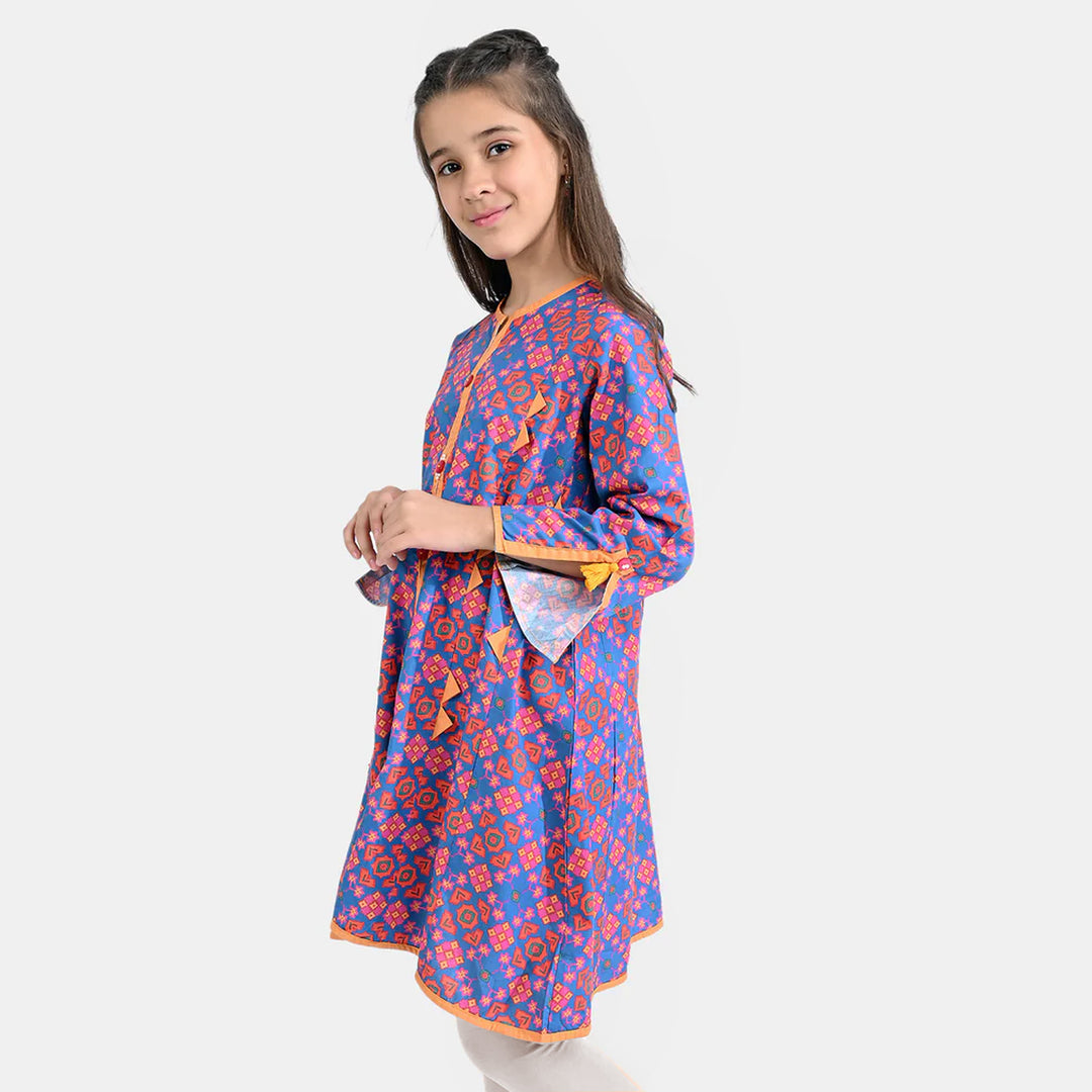 Girls Cotton Poplin Printed Kurti Rang Bahar-BLUE/Orange