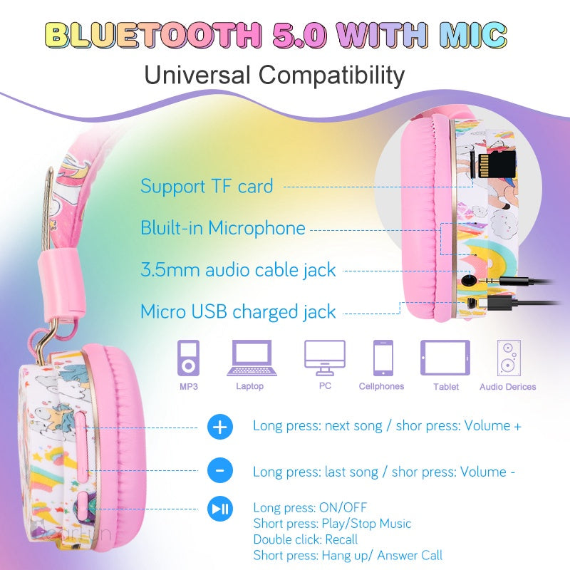 Cute Kids Bluetooth headphone With Mic, 3D Stereo Music