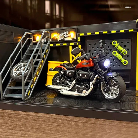 Alloy Motorcycle Metal Pullback Bike & Garage Toy for Kids