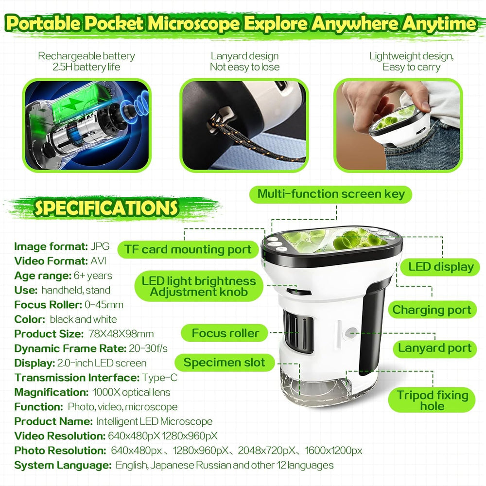 Handheld Microscope Kit for Kids, Portable Digital Microscope for Kids 200~1000X