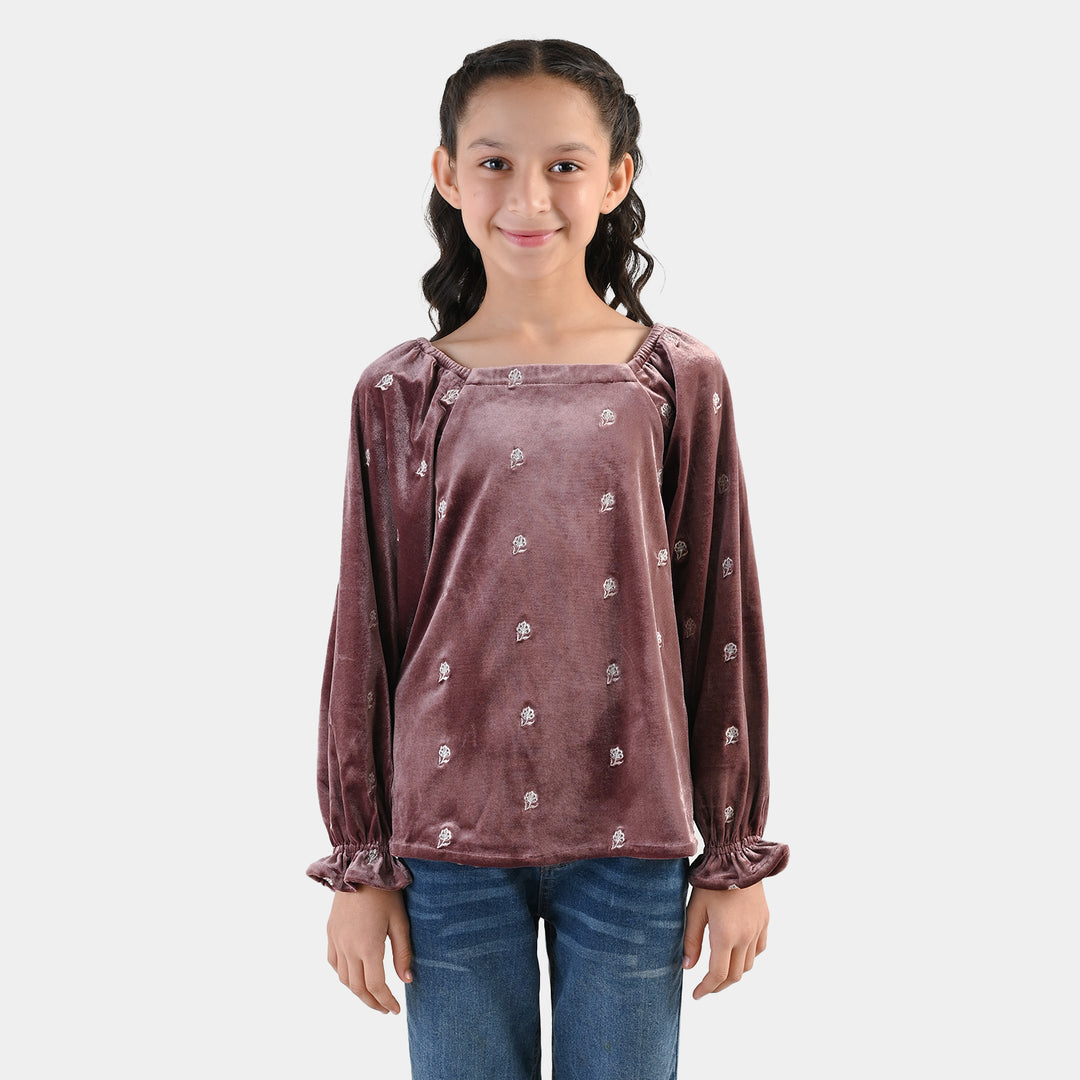 Girls Velvet Emb Top Winter Garden - Purple