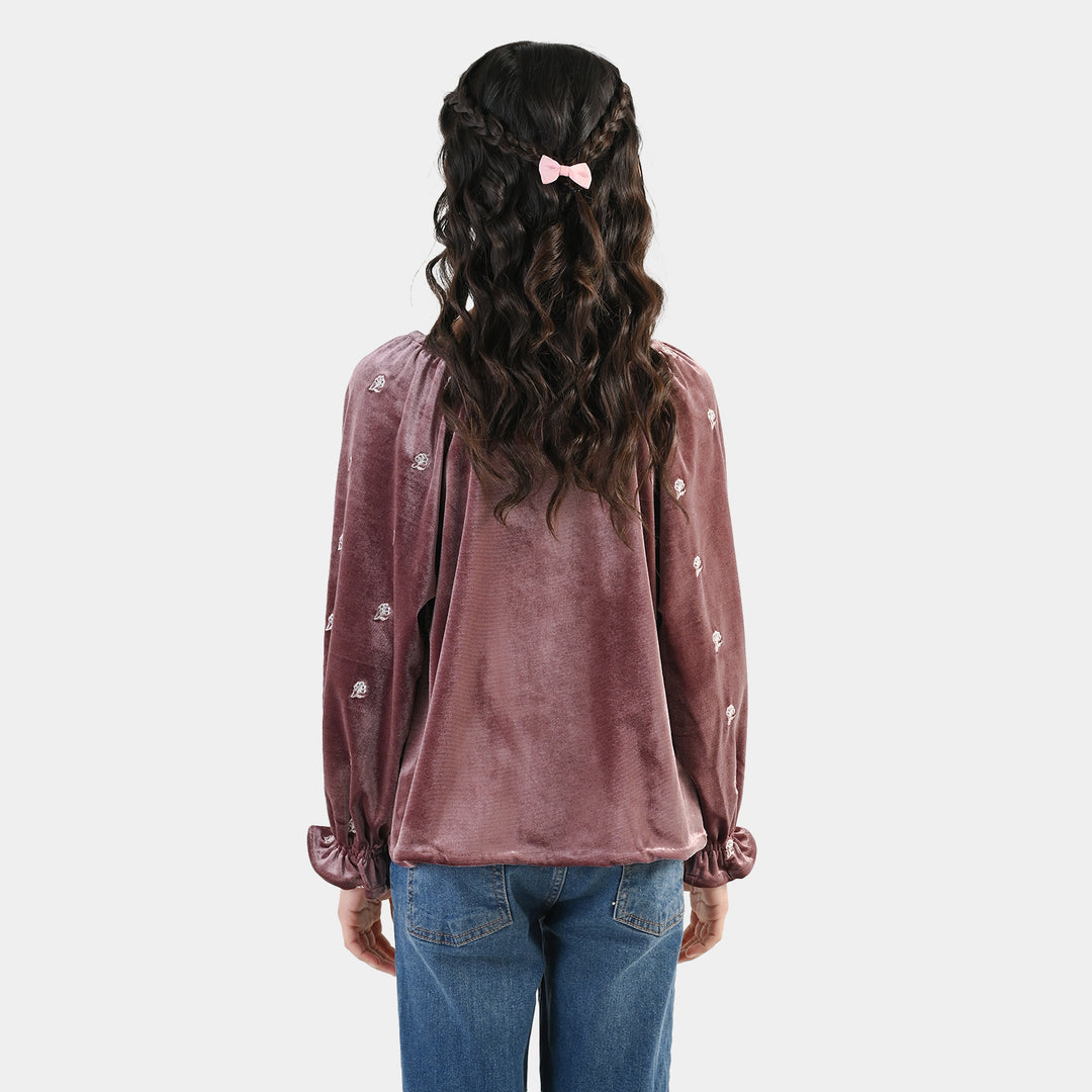 Girls Velvet Emb Top Winter Garden - Purple