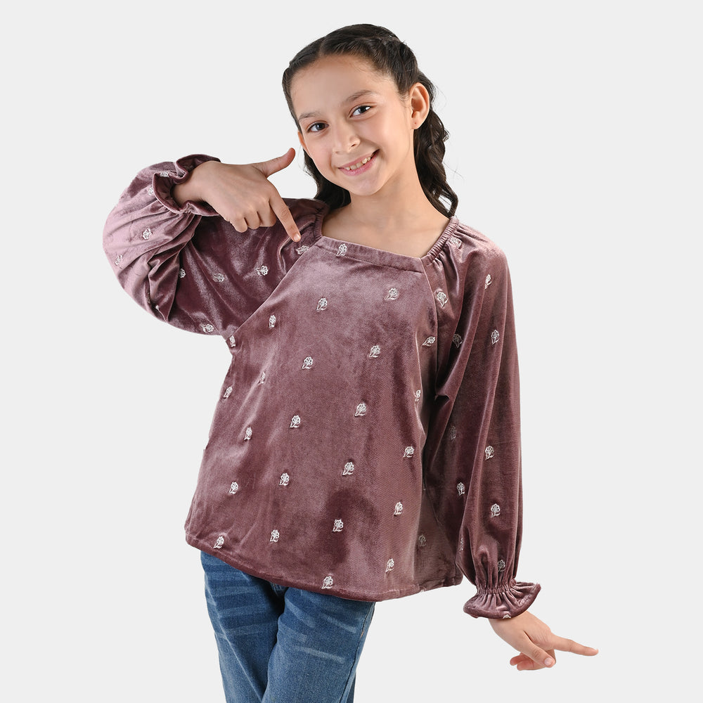 Girls Velvet Emb Top Winter Garden - Purple